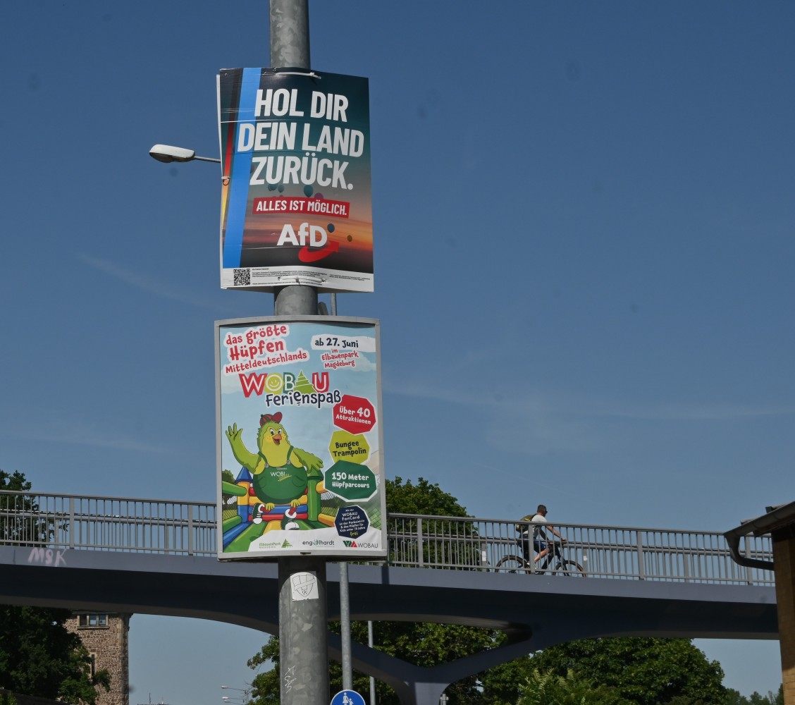 Verkiezingsposter van de AfD in Maagdenburg, Saksen-Anhalt. Juni 2026. Foto: Duitslandweb/Lynn Stroo