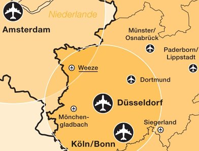 Geografisch overzicht van de luchthavens van Nordrein-Westfalen. Afb: www.lufthansa.com 