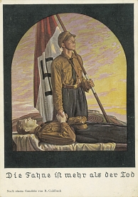 Symboolpolitiek van het Derde Rijk zoals op deze ansichtkaart: Die Fahne is mehr als der Tod. Afb: Haus der Geschichte